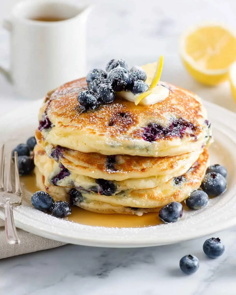 Lemon Blueberry Pancakes 29 Stack of fluffy Lemon Blueberry Pancakes topped with fresh blueberries, butter, and powdered sugar on a white plate.