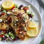Two seasoned Lemon Oregano Chicken breasts served on a white plate with fresh Greek salad and lemon slices.