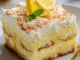 A slice of layered Lemon Tiramisu topped with whipped cream, lemon slices, mint, and dusted with cinnamon on a white plate.