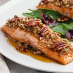 Two fillets of Maple Pecan Glazed Salmon topped with chopped pecans and a glossy glaze, served on a white plate with fresh greens.