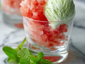 A glass cup holds refreshing Mint Ice Cream with Watermelon Granita, garnished with fresh mint leaves on a white plate.