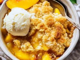 Warm nectarine cobbler topped with vanilla ice cream and fresh nectarine slice in a white bowl.