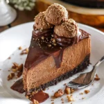 A decadent slice of Nutella cheesecake topped with chocolate ganache and hazelnut truffles on a white plate.