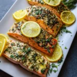Four seasoned salmon fillets with lemon slices and fresh herbs arranged on a white platter for One Pan Lemon Herb Salmon.