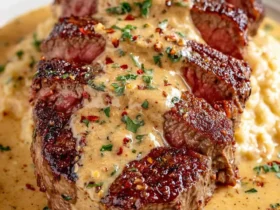 Pan-seared steak in Tuscan cream sauce served over mashed potatoes, garnished with herbs and red pepper flakes.