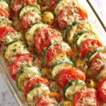 A glass baking dish filled with Parmesan Tomato Zucchini Bake, featuring layered slices of zucchini, tomatoes, and melted cheese.