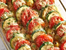Parmesan Tomato Zucchini Bake 41 A glass baking dish filled with Parmesan Tomato Zucchini Bake, featuring layered slices of zucchini, tomatoes, and melted cheese.