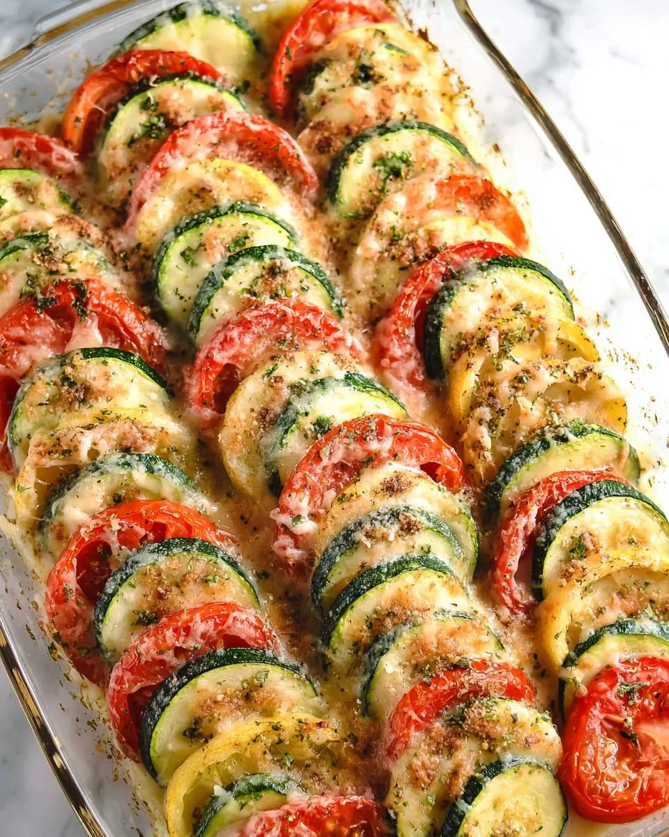 golden baked zucchini and tomato layers with crispy cheese topping