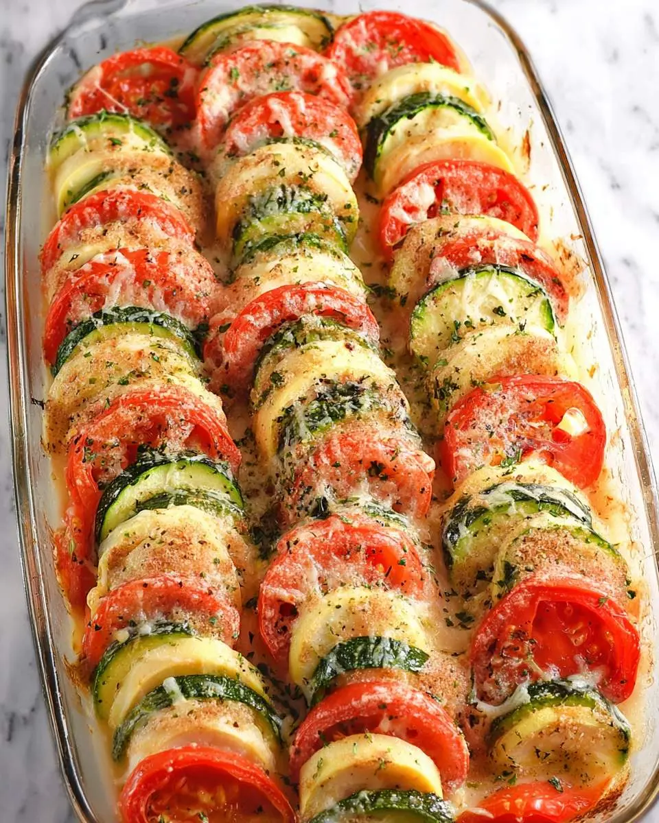 Parmesan Tomato Zucchini Bake ingredients sliced and arranged in a baking dish
