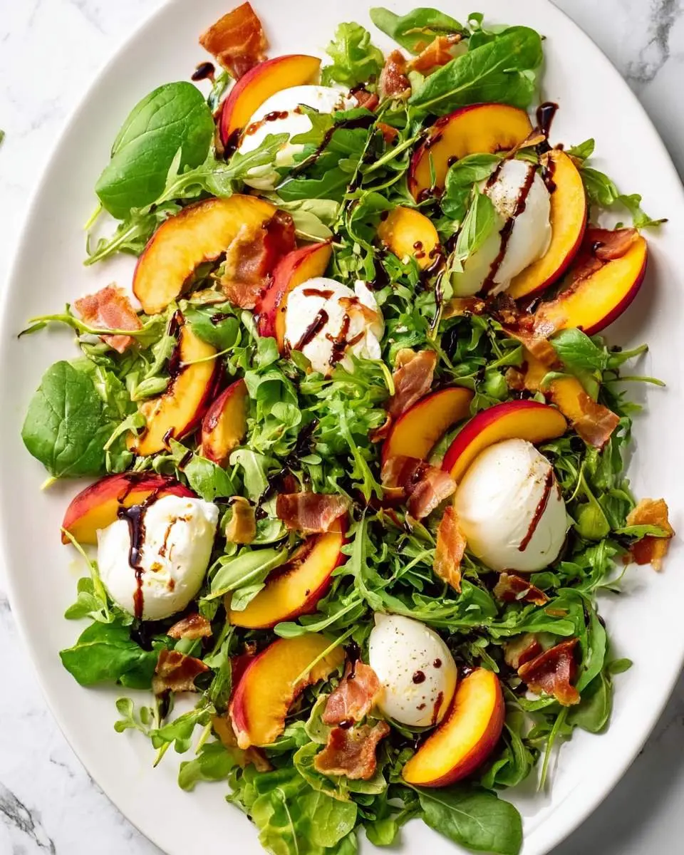 Torn burrata being added to sliced peaches with fresh basil