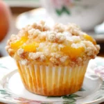 A freshly baked peach cobbler muffin with crumb topping sits on a floral china plate.