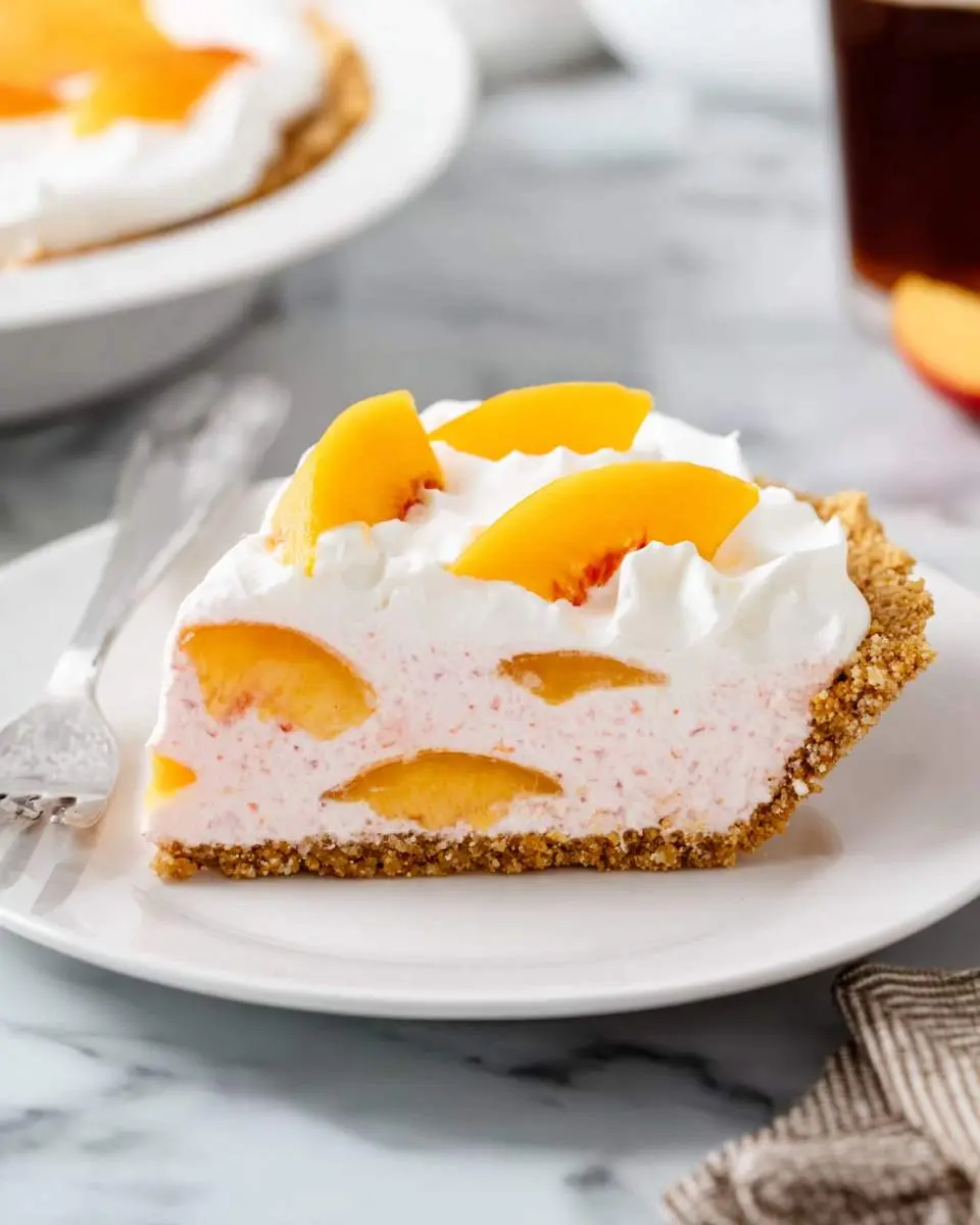 Peach Cool Whip Pie 29 A slice of Peach Cool Whip Pie with graham cracker crust, creamy filling with peach slices, and whipped topping on a white plate.