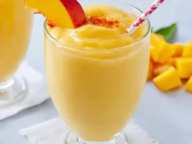Peach Mango Smoothie 45 Creamy Peach Mango Smoothie in a glass with a peach slice and striped straw.
