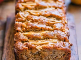 peanut butter apple banana bread 41 A freshly baked loaf of peanut butter apple banana bread topped with sliced apples sits on a wooden cutting board.