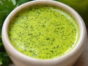 Creamy Peruvian green sauce in a white bowl with fresh cilantro and lime.