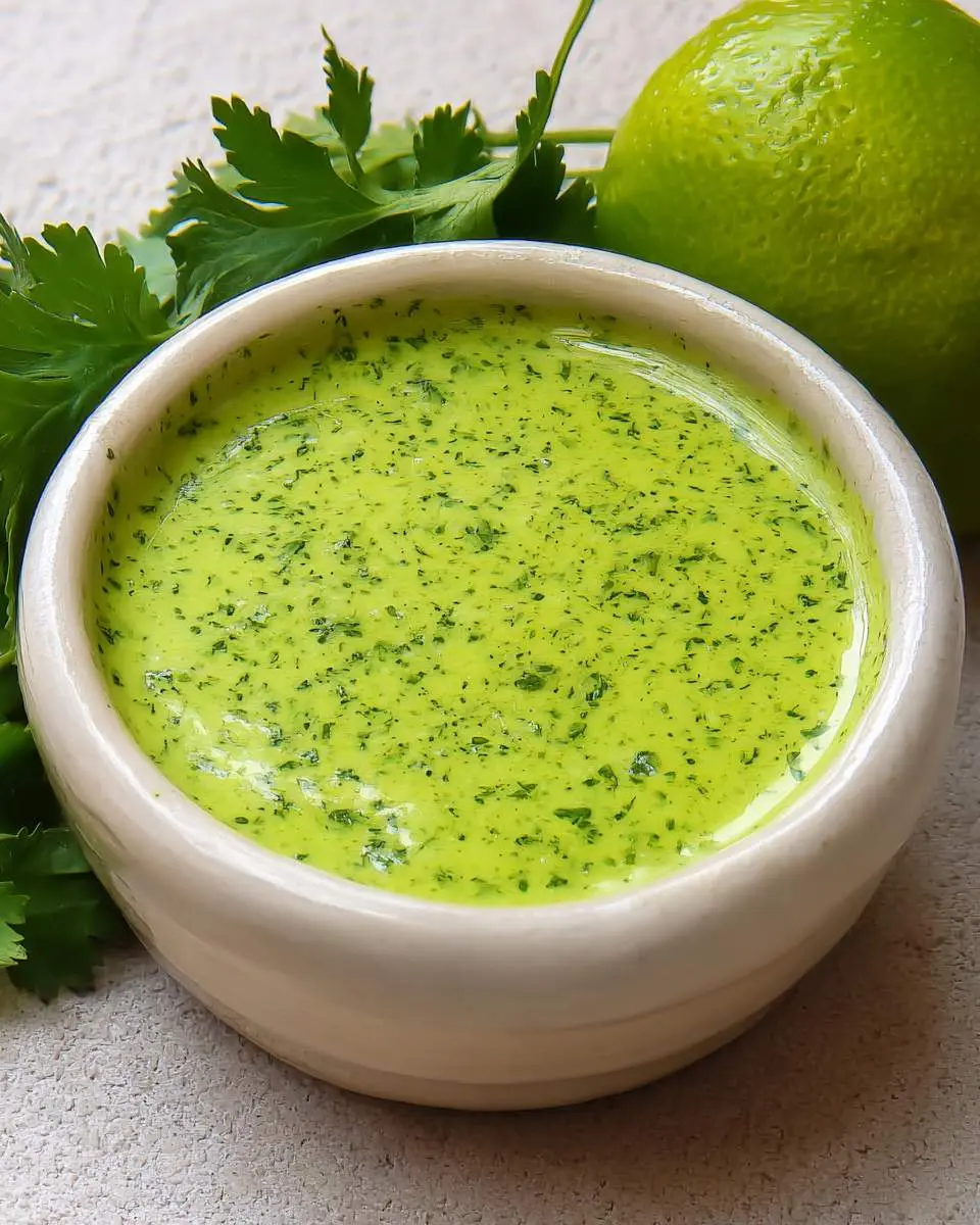 Creamy Peruvian green sauce in a white bowl with fresh cilantro and lime.