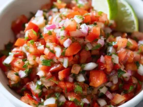 Fresh Pico de Gallo salsa with diced tomatoes, onions, and cilantro in a white bowl with lime wedges.