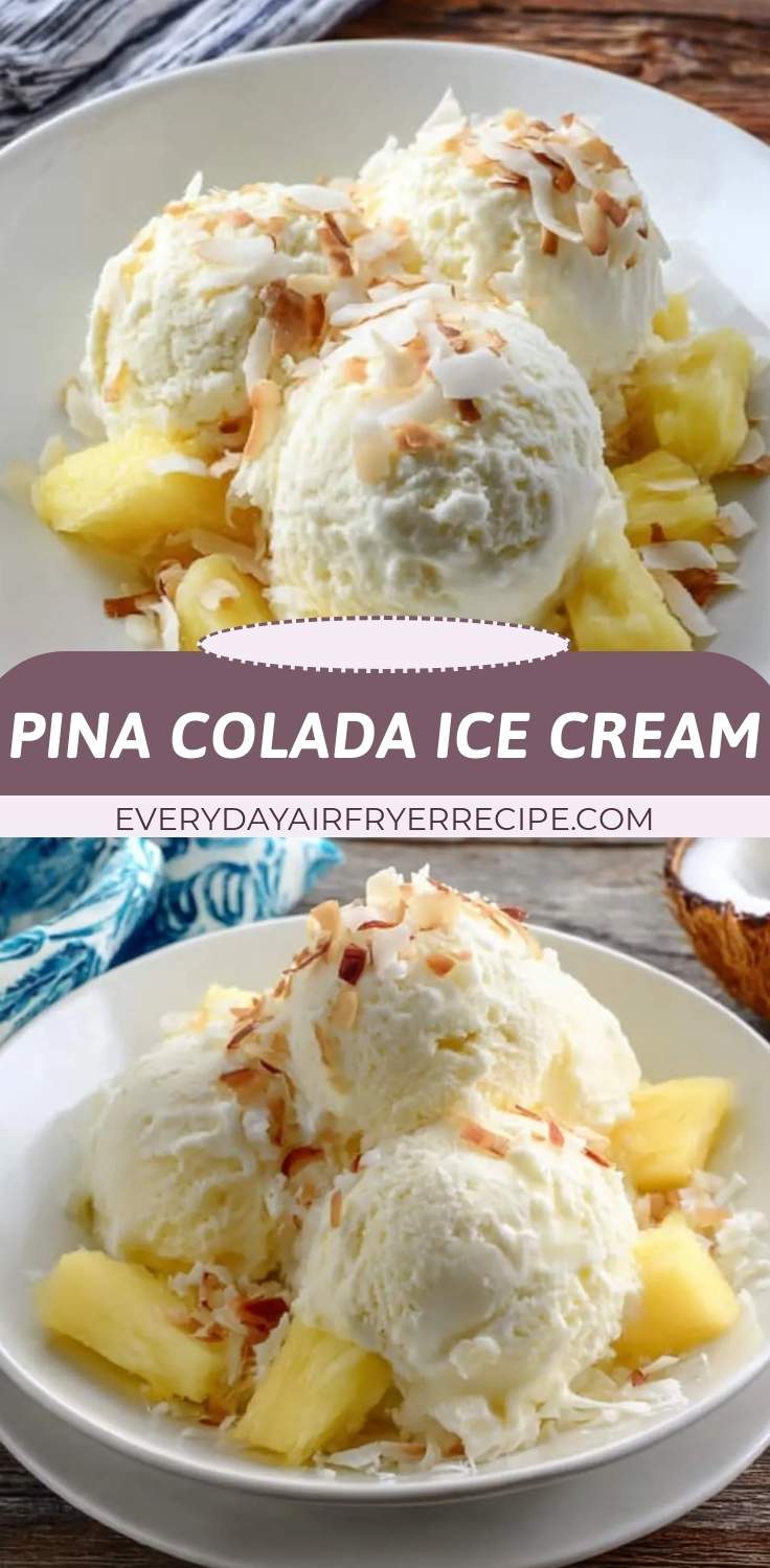 Finished pina colada ice cream in a bowl topped with toasted coconut flakes