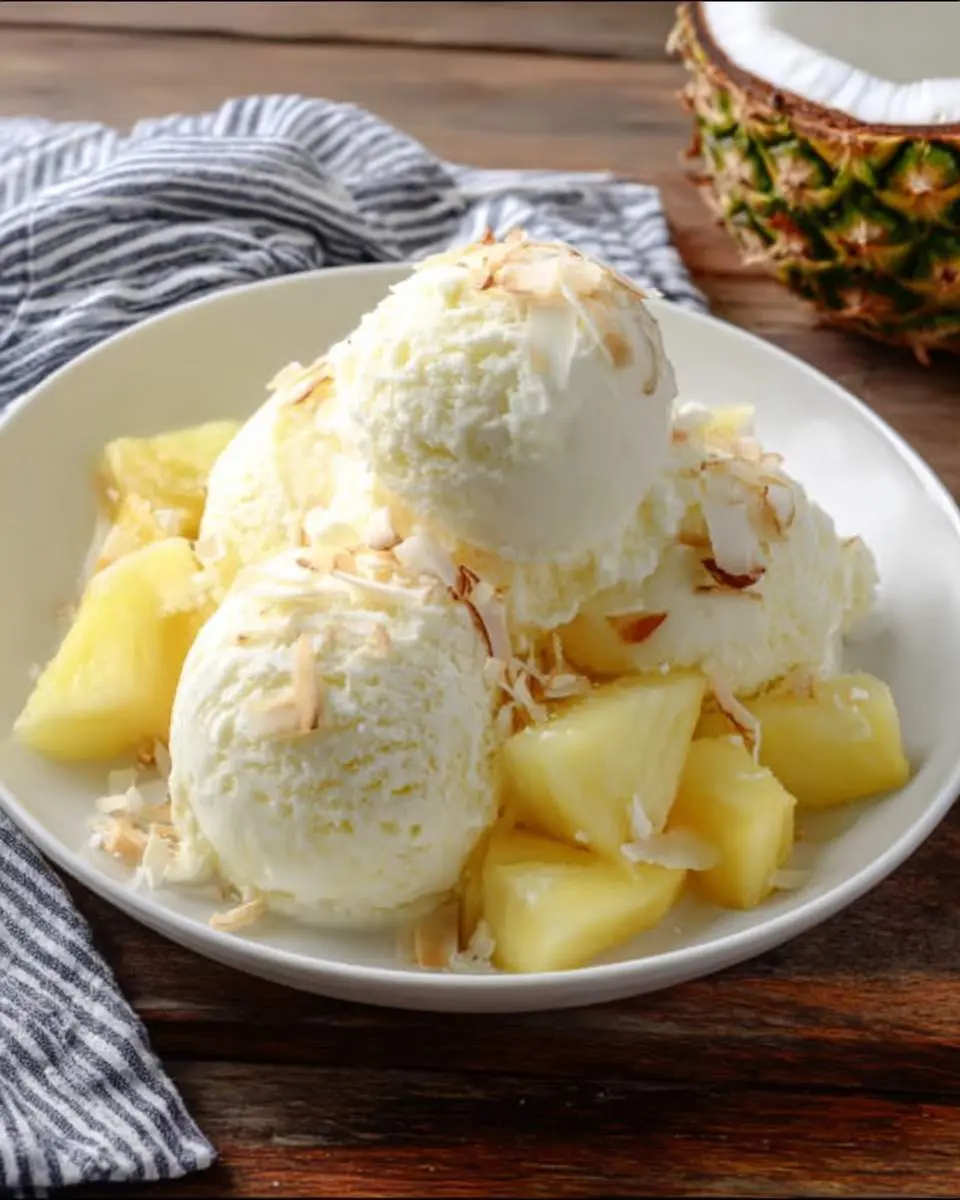 Pina colada ice cream ingredients including coconut milk and pineapple chunks arranged on a counter