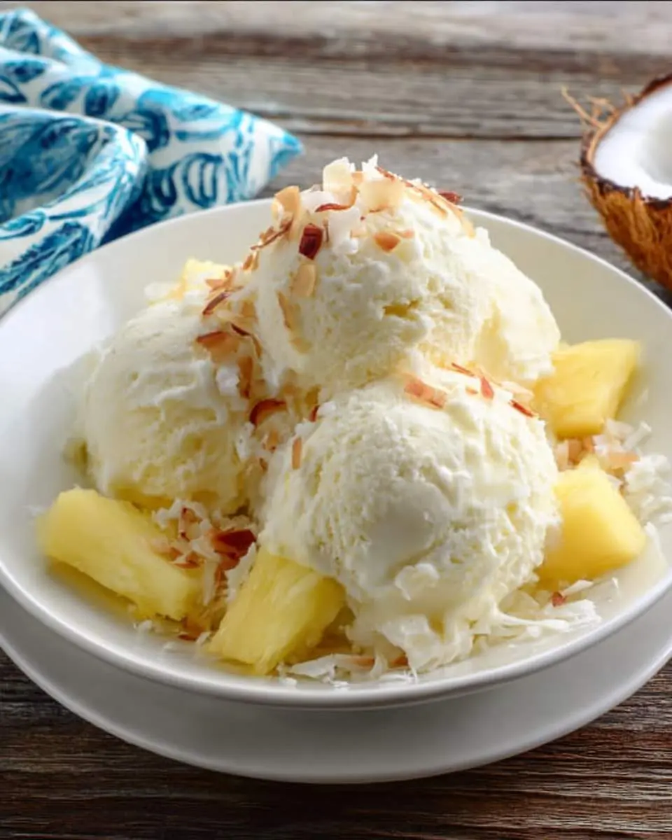 Three scoops of creamy Pina Colada Ice Cream topped with toasted coconut flakes and fresh pineapple chunks in a white bowl.