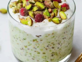 Pistachio overnight oats 42 A glass jar filled with creamy pistachio overnight oats topped with chopped pistachios and fresh raspberries.