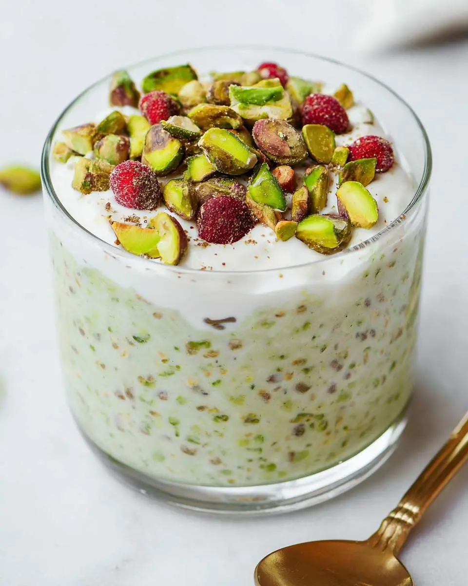 Pistachio overnight oats 29 A glass jar filled with creamy pistachio overnight oats topped with chopped pistachios and fresh raspberries.