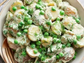 Creamy Potato Salad with Peas and Dill served in a white bowl with gold utensils.