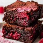 Two fudgy raspberry brownies stacked on a white plate, dusted with pink raspberry powder and fresh berries.