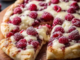 Raspberry cheesecake pizza 44 A freshly baked raspberry cheesecake pizza topped with creamy filling, fresh raspberries, and a dusting of powdered sugar on a wooden board.