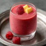 A glass of vibrant Raspberry Mango Smoothies Recipes topped with fresh raspberries and mango chunks on a silver tray.