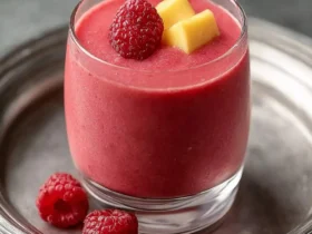 A glass of vibrant Raspberry Mango Smoothies Recipes topped with fresh raspberries and mango chunks on a silver tray.