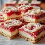 Stack of rhubarb cream cheese bars with graham cracker crust, creamy filling, and swirled rhubarb topping on a white plate.