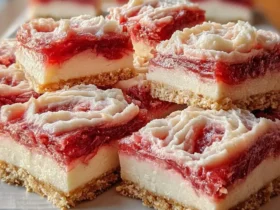 Stack of rhubarb cream cheese bars with graham cracker crust, creamy filling, and swirled rhubarb topping on a white plate.
