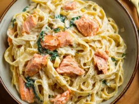 Salmon Fettuccine Alfredo 49 Creamy Salmon Fettuccine Alfredo with spinach in a ceramic bowl, featuring tender salmon chunks and rich Alfredo sauce.
