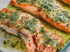 Salmon with pesto butter 45 Baked salmon with pesto butter in a glass dish, with flaky fish being lifted by a fork.