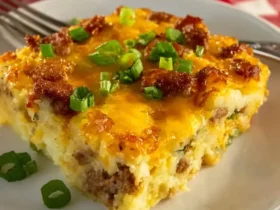 Sausage Hash Brown Casserole 44 A slice of Sausage Hash Brown Casserole topped with melted cheese, crispy bacon, and fresh green onions on a white plate.