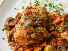 Slow Cooker Chicken Cacciatore served over white rice with olives, mushrooms, and vegetables in a rich tomato sauce.