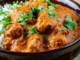 Slow Cooker Chicken Tikka Masala served in a brown bowl with rice and fresh cilantro garnish.