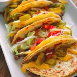Row of smash burger tacos on a white plate with melted cheese, lettuce, tomatoes, onions, and jalapenos.