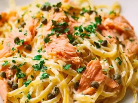 Smoked Salmon Linguine 55 Creamy Smoked Salmon Linguine topped with capers and fresh parsley on a white plate.