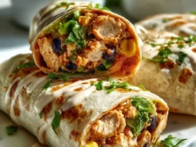 Three Southwest chicken wraps stacked on a marble board, drizzled with creamy sauce and garnished with fresh cilantro.