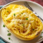 Baked spaghetti squash half topped with grated parmesan cheese and fresh parsley on a white plate with a fork.