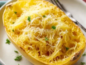 spaghetti squash 35 Baked spaghetti squash half topped with grated parmesan cheese and fresh parsley on a white plate with a fork.