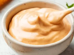 spicy mayo sauce 46 Creamy spicy mayo sauce in a small white bowl with a wooden spoon lifting a swirl.