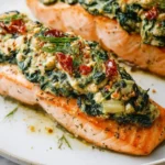 Two pieces of Spinach Stuffed Salmon topped with feta, sun-dried tomatoes, and fresh dill on a white plate.
