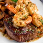 A perfectly seared steak topped with garlic butter shrimp, showcasing a classic Steak and Shrimp Surf and Turf dinner.