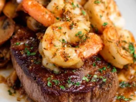 Steak and Shrimp Surf and Turf 52 A perfectly seared steak topped with garlic butter shrimp, showcasing a classic Steak and Shrimp Surf and Turf dinner.