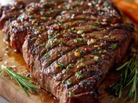 steak marinade 49 Grilled steak with herbs and garlic on a wooden board, featuring a glossy steak marinade coating.