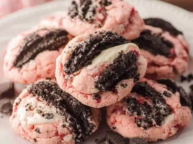 Stack of pink Strawberry Oreo Cheesecake Cookies topped with crushed Oreos and cream filling on a white plate.