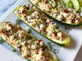 Four Stuffed Zucchini Boats With Chicken arranged on a white platter with cucumber slices and cherry tomatoes.